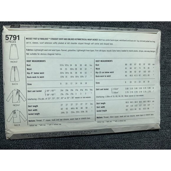 Simplicity Misses Skirt Jacket Sewing Pattern sz 8-12 5791 - uncut - Picture 3 of 9